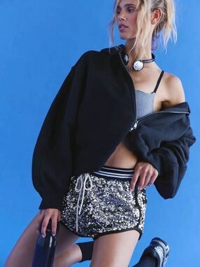 FP Movement by Free People Silver Sequin Athletic Shorts with Striped Waistband